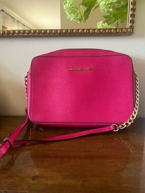 Michael Kors Hot Pink Crossbody Bag with Gold Chain
